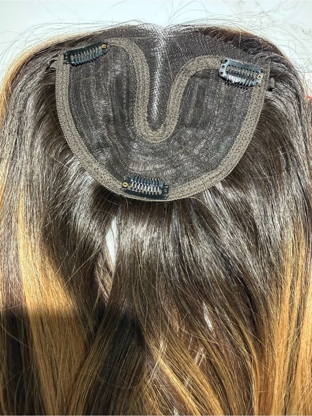 HAIR, 24” Straight Topper, Whispy bangs, Center Part, Brown Carmel Highlights